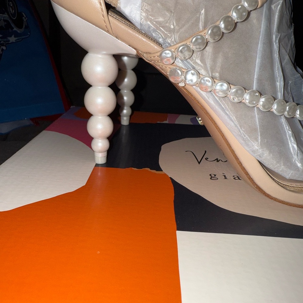 Gianni Bini Pearl-Embellished Tan Heels - Picture 2 of 4